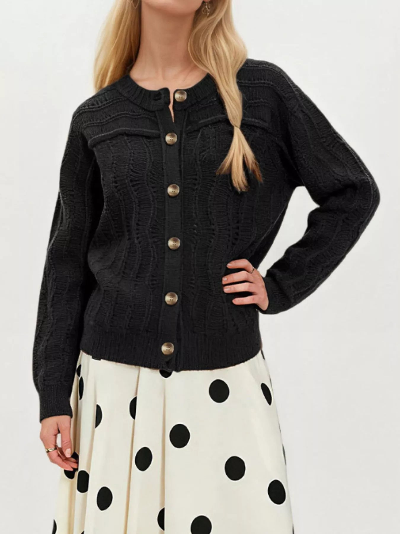 Openwork Button-Down Knit Cardigan