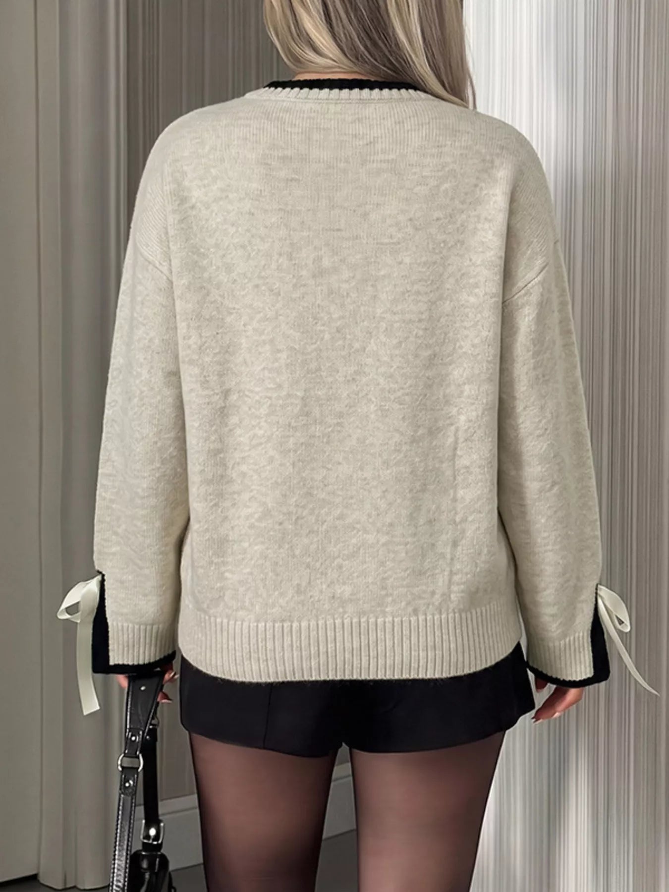 Contrast Trim Ribbed Cuff Tie-Sleeve Sweater