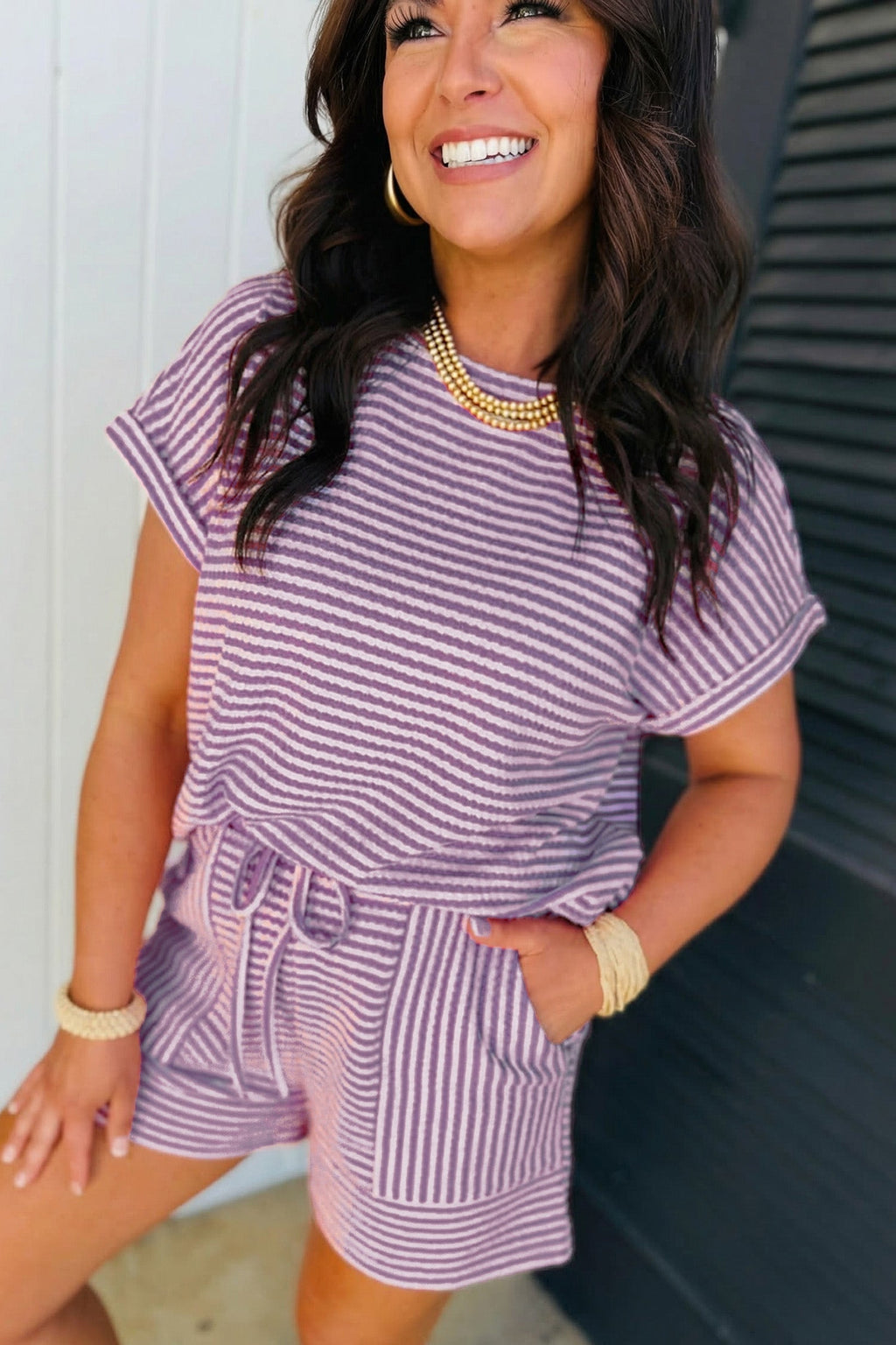 Purple Stripe Breathable Textured Knit Short 2pcs Set