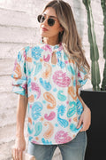 Multicolour Vibrant Paisley Printed Button Keyhole Puff Sleeve Blouse