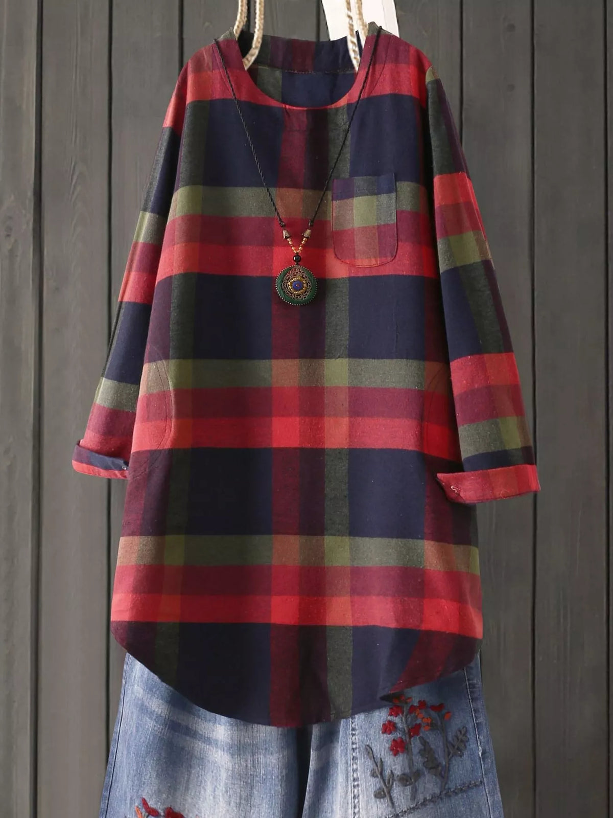 Vintage Plaid Loose Casual Long Sleeve Dress