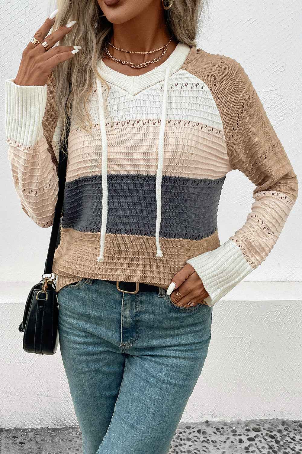 Color Block Drawstring Hooded Knit Sweater