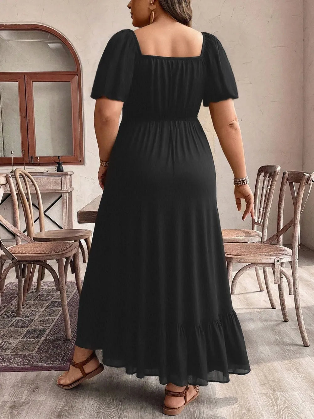 Ruffled Hem Square Neck Short Sleeve Dress