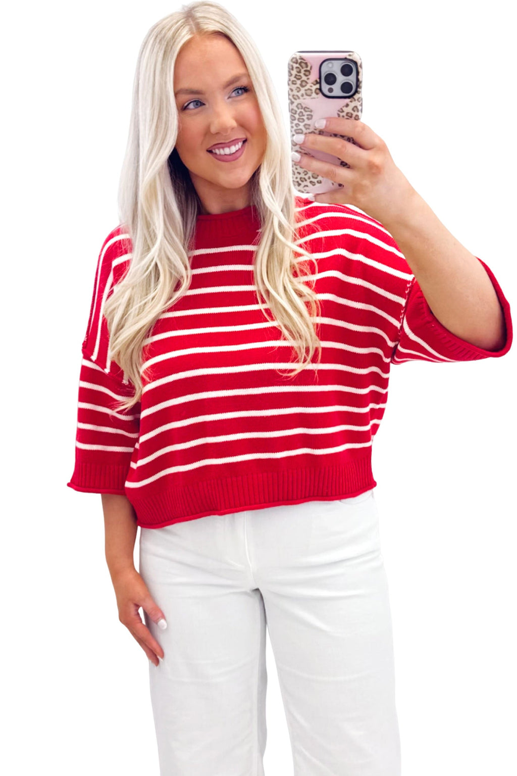 Red Stripe Dropped Shoulder Half Sleeve Relaxed Knit Sweater