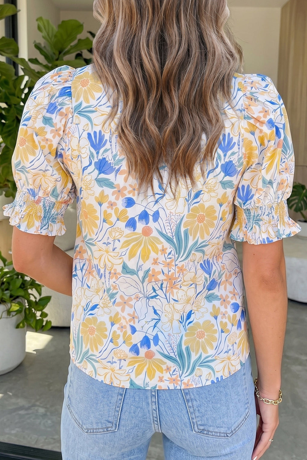 Yellow Floral Print Striped Trim V Neck Puff Sleeve Blouse