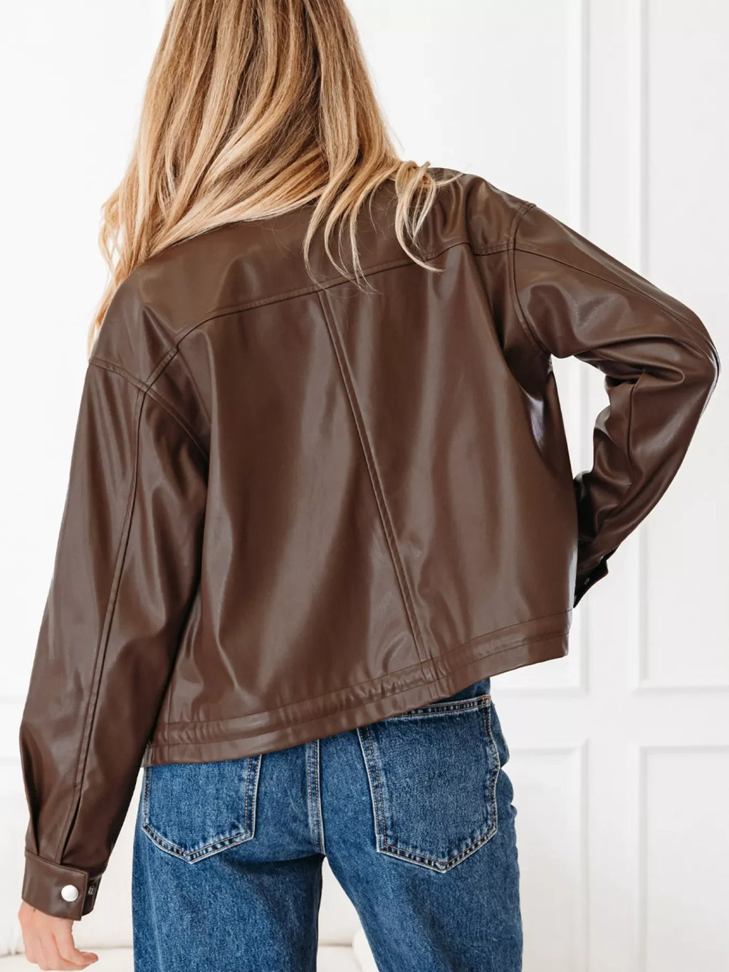 Double Flap Pocket Drawstring Hem Leather Jacket