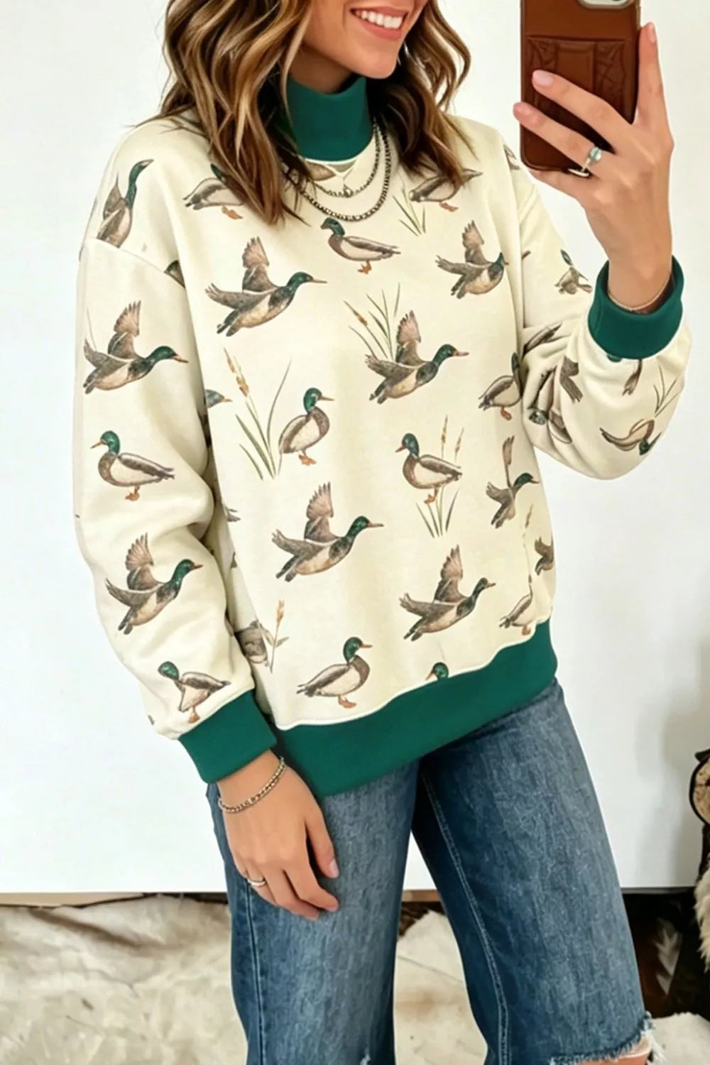 Duck Print Mock Neck Sweatshirt