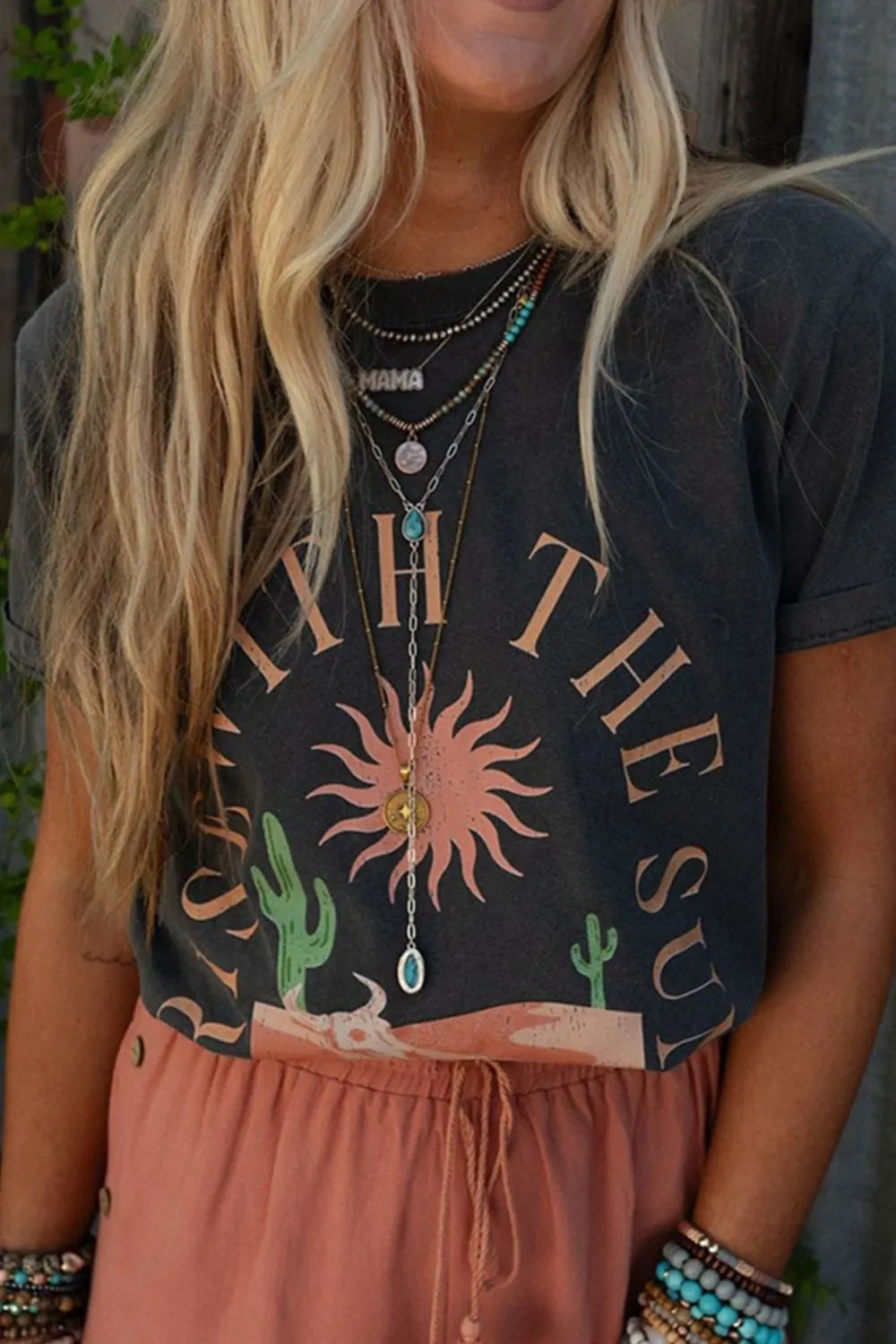 RISE WITH THE SUN Graphic Round Neck Cotton Blend T-Shirt