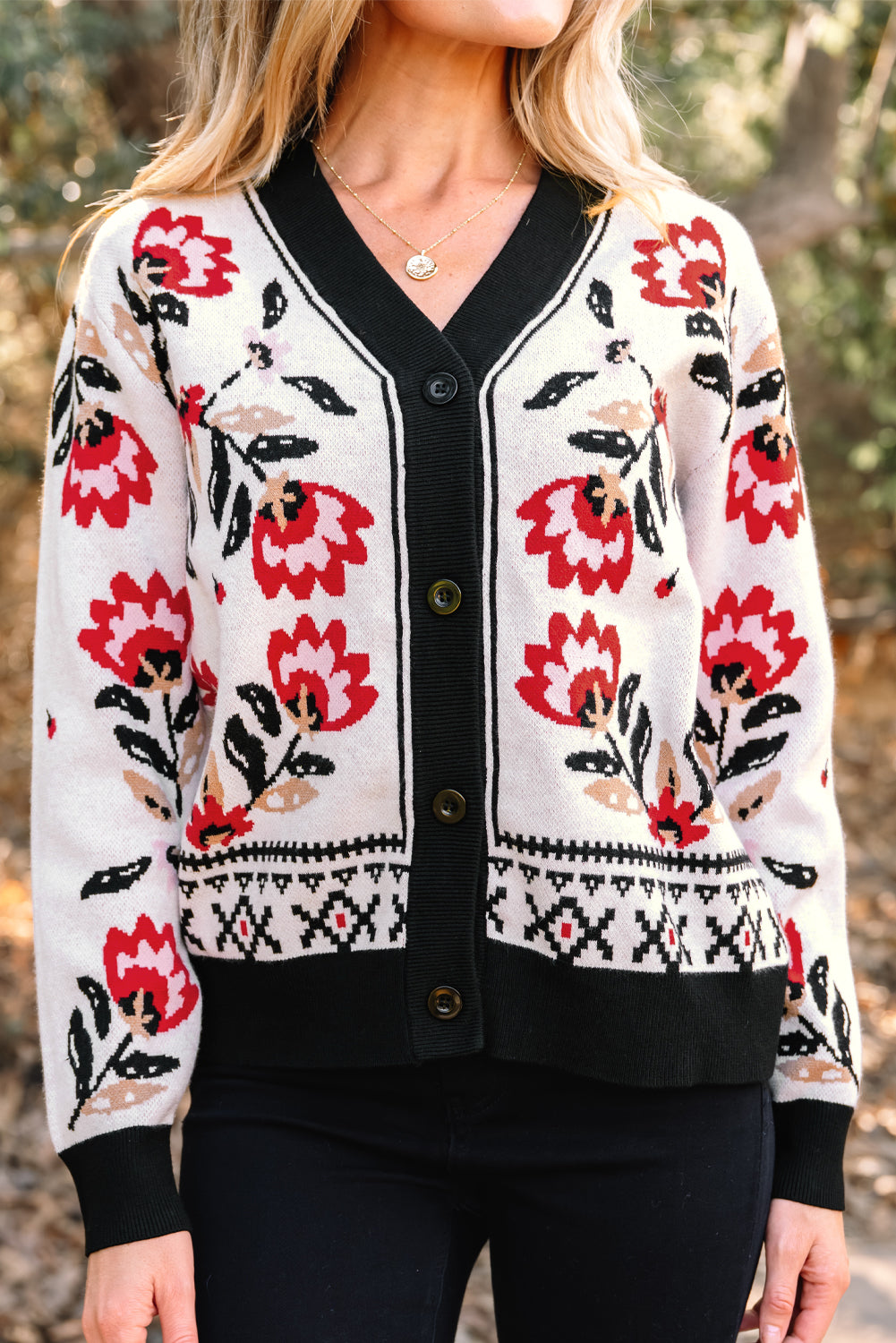 Beige Floral Print Buttoned Front V Neck Knit Cardigan