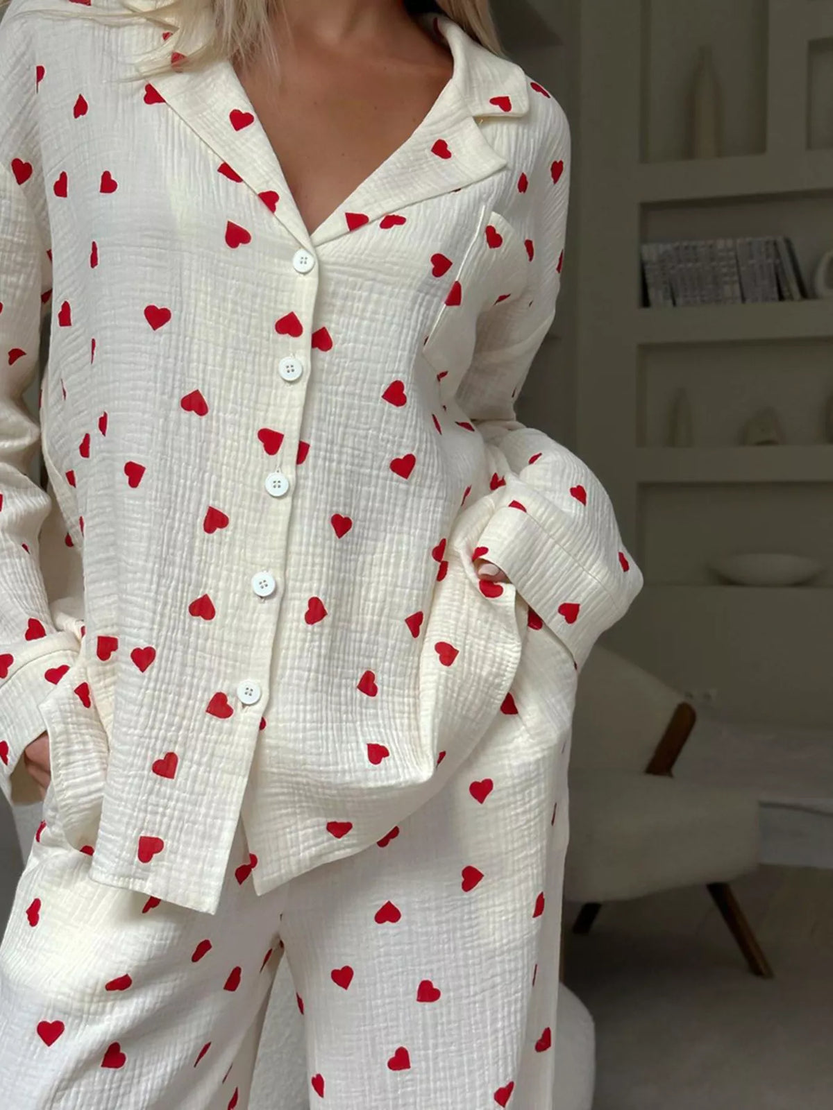 Heart Print Button Up Top and Pants Lounge Set