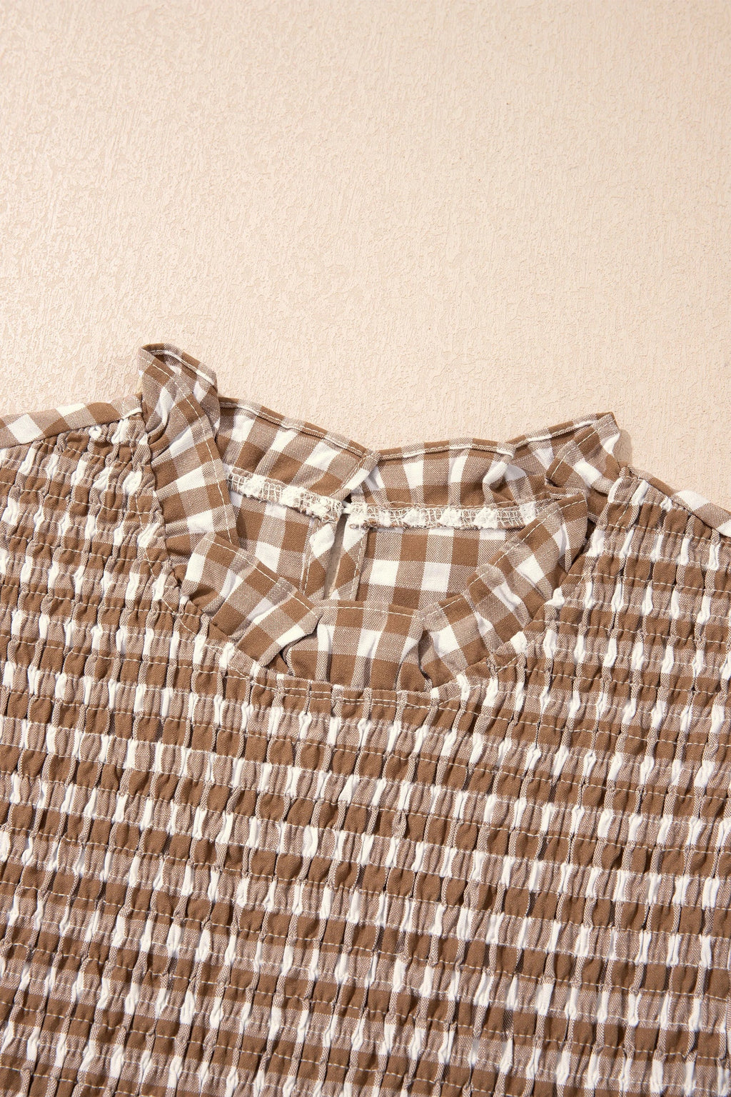 Gingham Smocked 3/4 Sleeve Ruffle Peplum Top