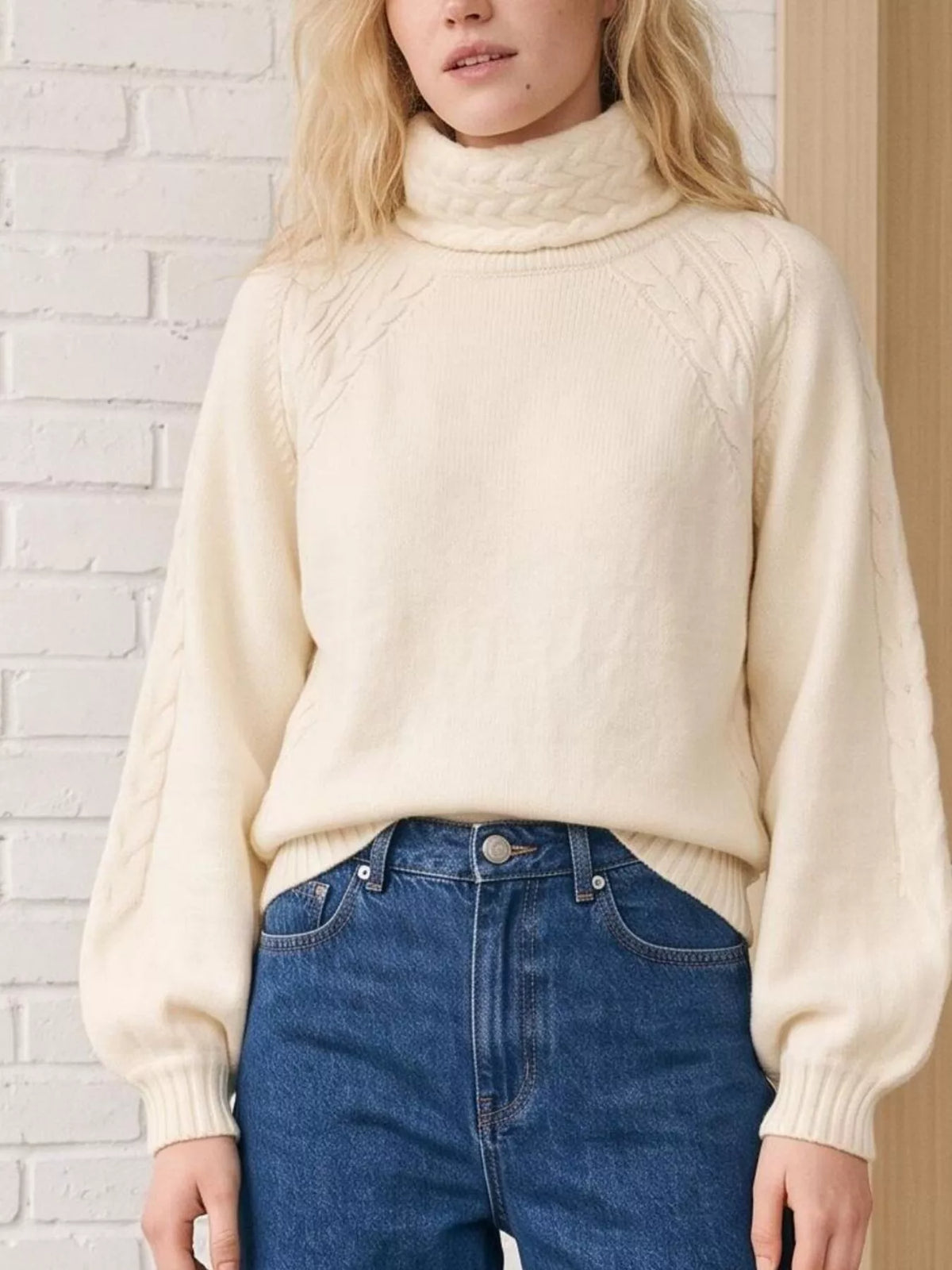 Cable-Knit Turtleneck Long Sleeve Sweater