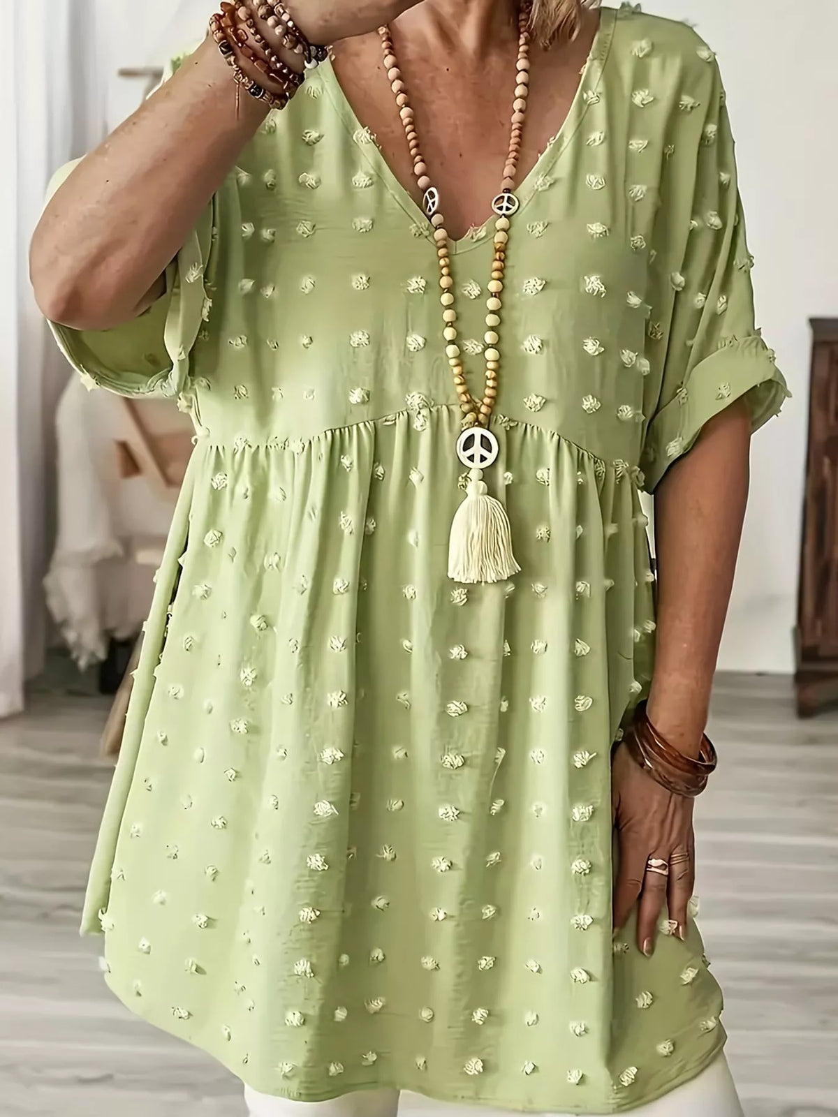 Plus Size Swiss Dot V-Neck Casual Blouse