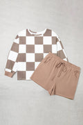 Khaki Checkered Contrast Long Sleeve Top Solid Shorts Plus Size 2pcs Set
