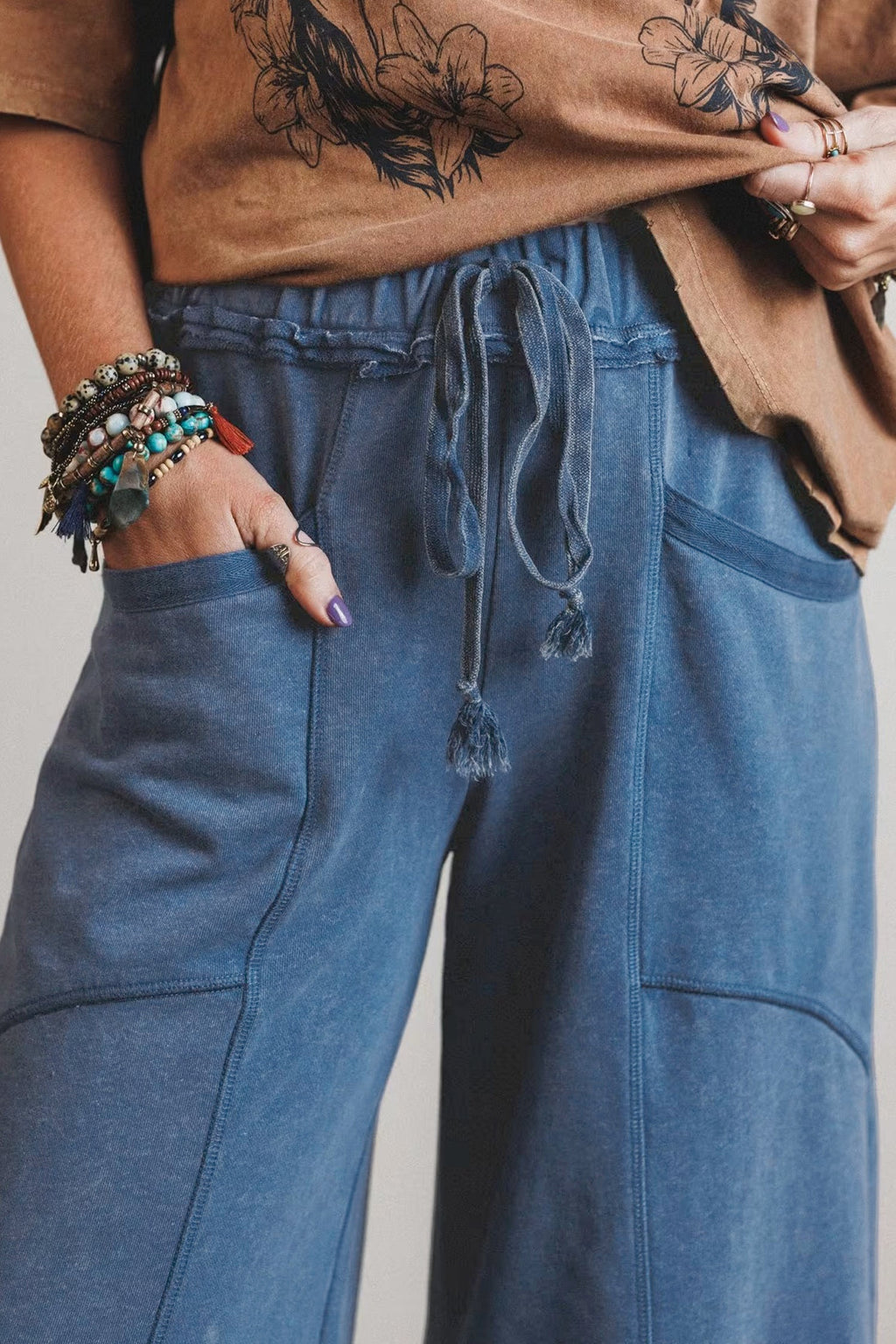 Ashleigh Blue Mineral Wash Drawstring Retro High Waist Wide Leg Western Pants
