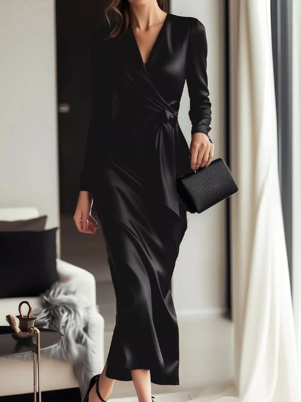 Satin Long Sleeve Wrap Dress