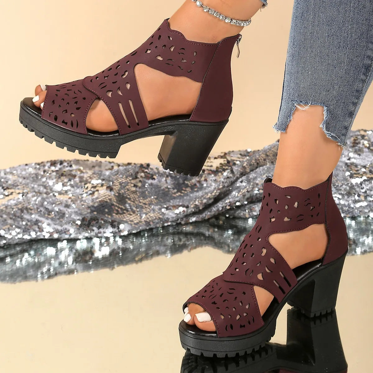 Cutout Block Heels Sandals