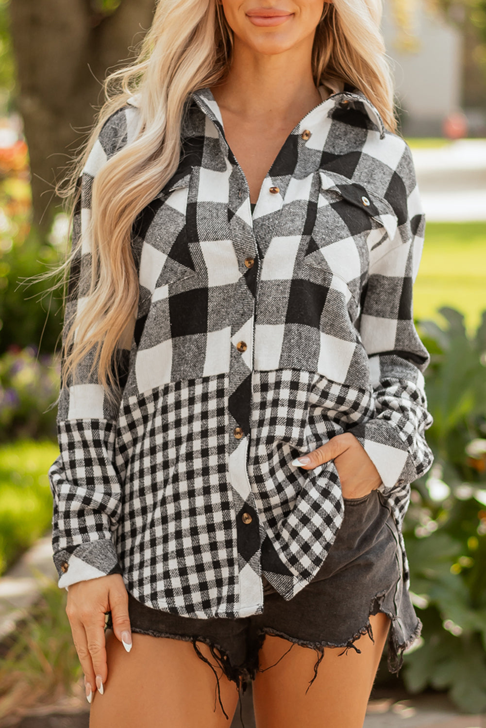 Plaid Patchwork Drawstring Hooded Shacket