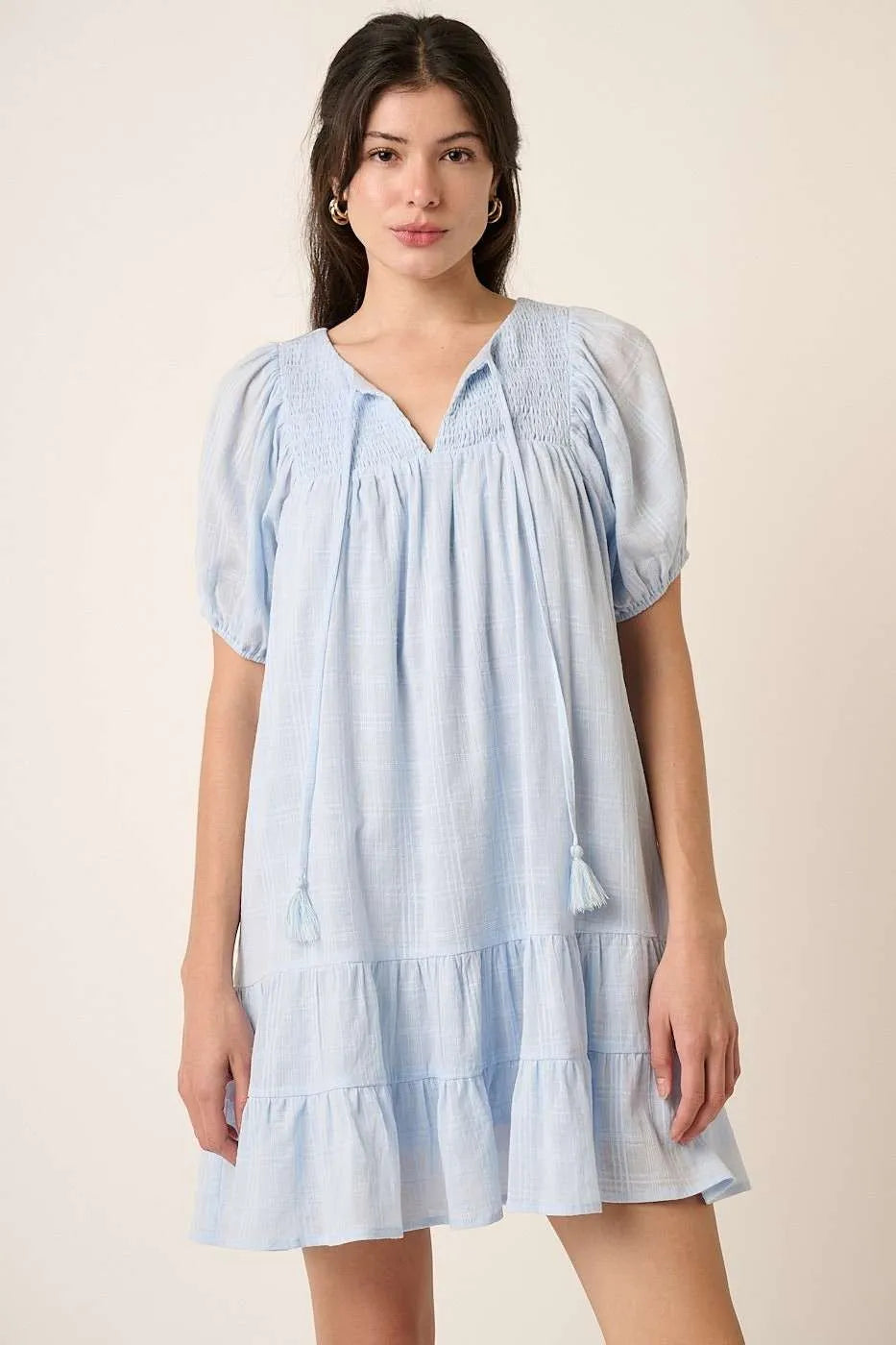 Plaid Gauze Tassel Tie Short Sleeve Mini Dress in Blue