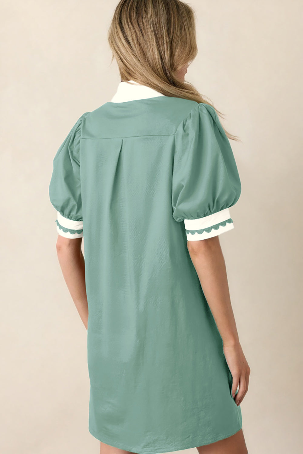 Canton Scallop Color Block Trim Puff Sleeve Mini Dress