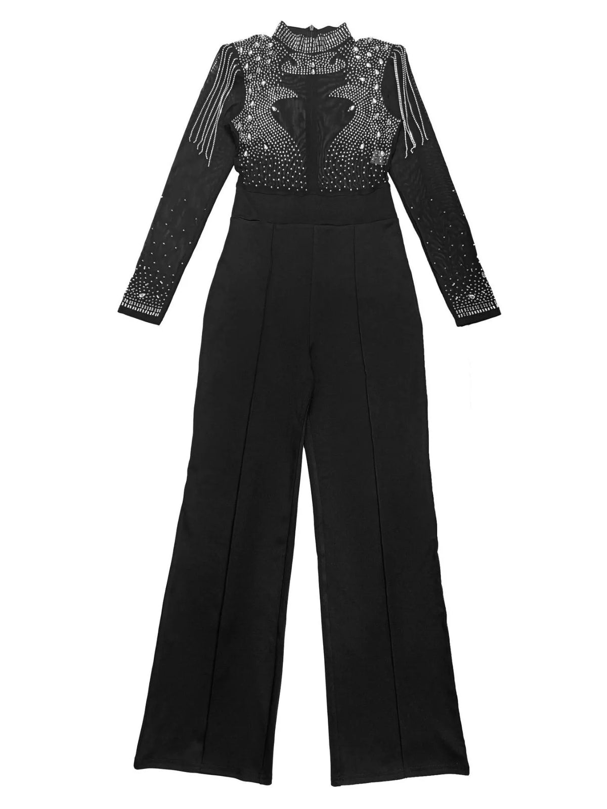 Rhinestone Embellished Mesh Long Sleeve Jumpsuit