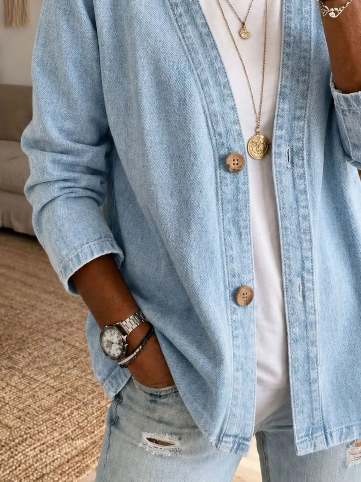 V-Neck Button-Down Denim Jacket