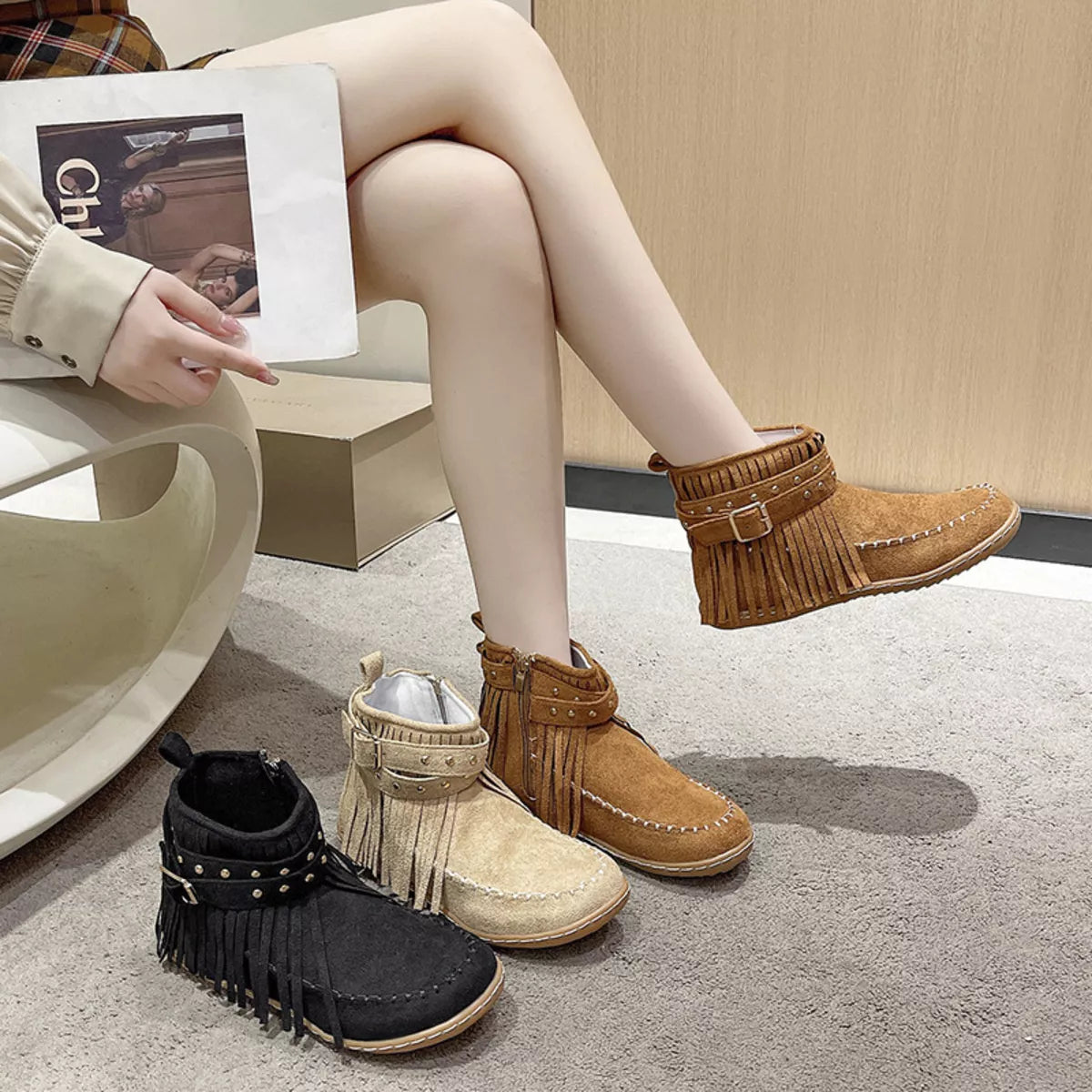 Fringe Round Toe Boots