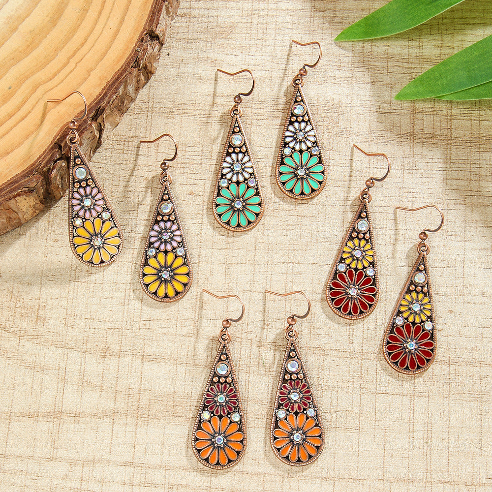 Metal Earrings Water-drop-shaped With Small Daisies Oil-drip Style