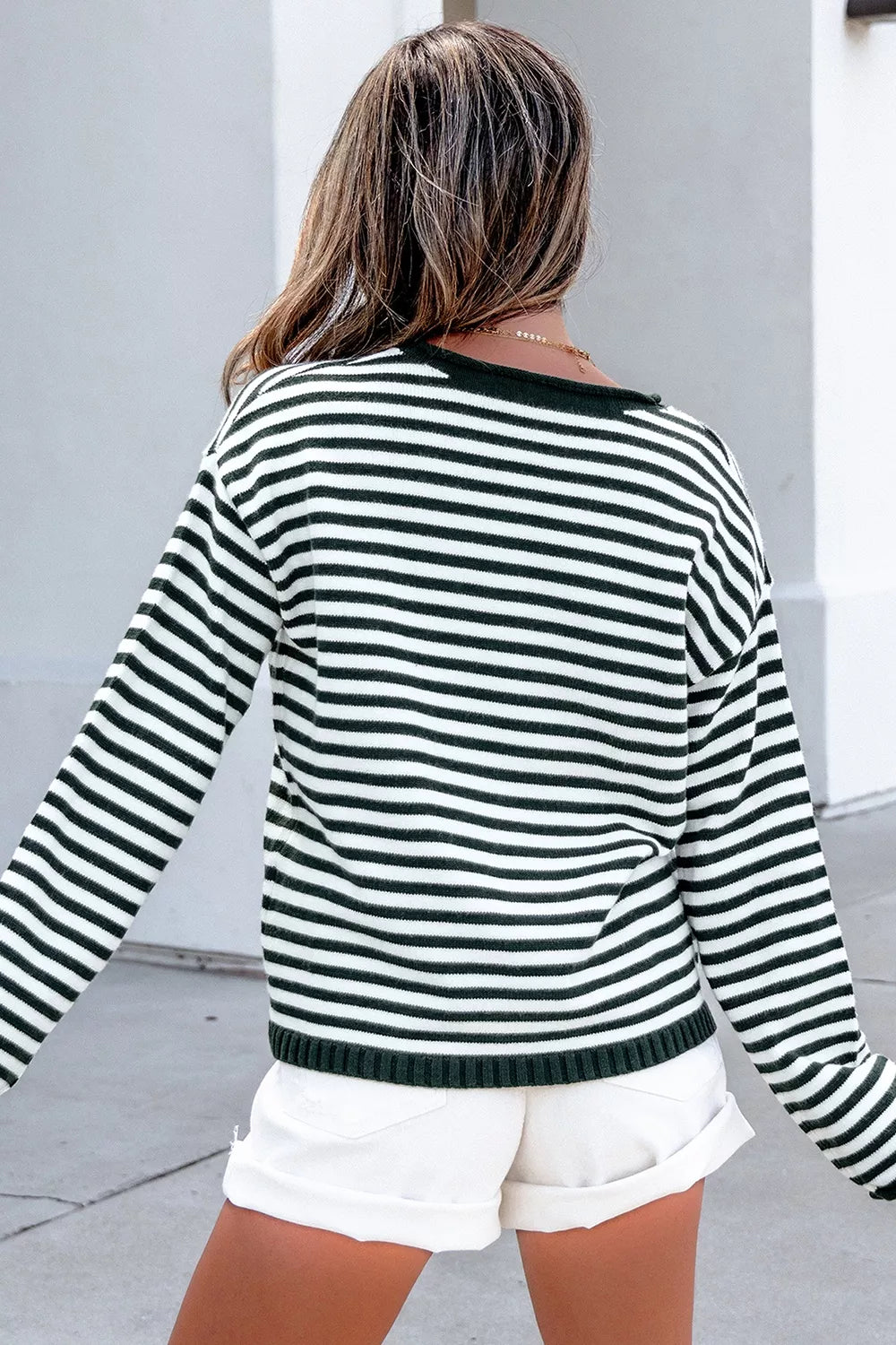 Striped Button Placket Drop Shoulder Long Sleeve Sweater