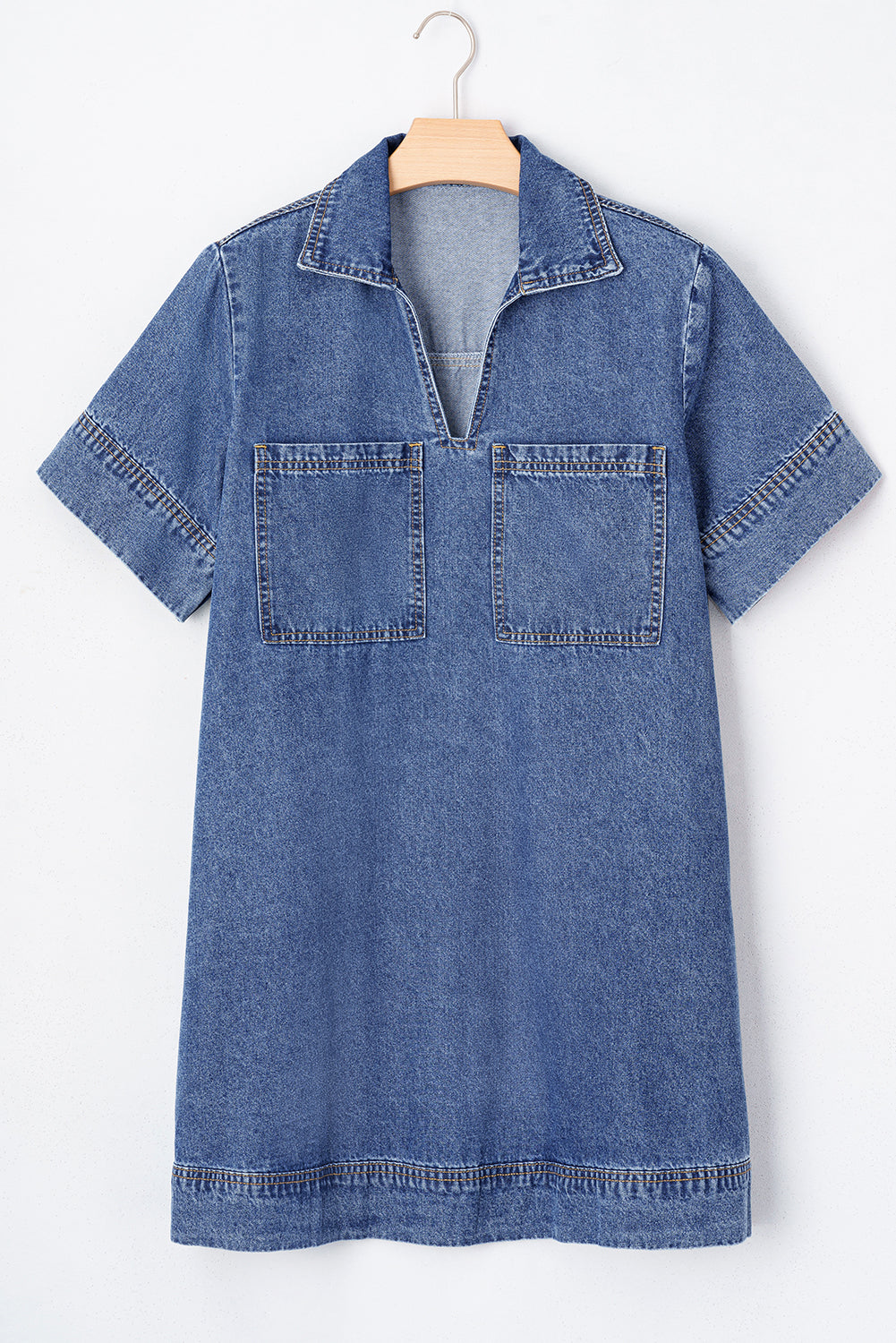 Solid Denim Collared Patch Pocket Mini Dress