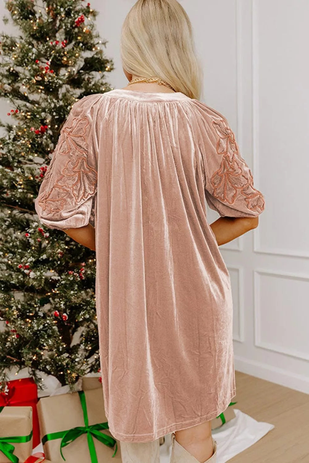 Embroidered‑Sleeve Velvet Mini Shift Dress