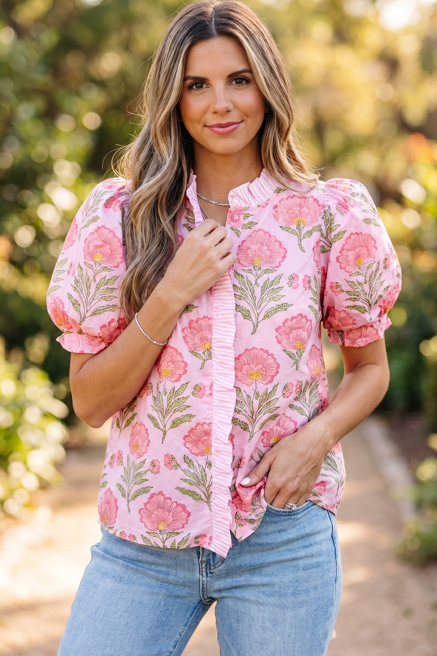 Pink Sweet Blooms Ruffle Striped Trim Puff Sleeve Shirt