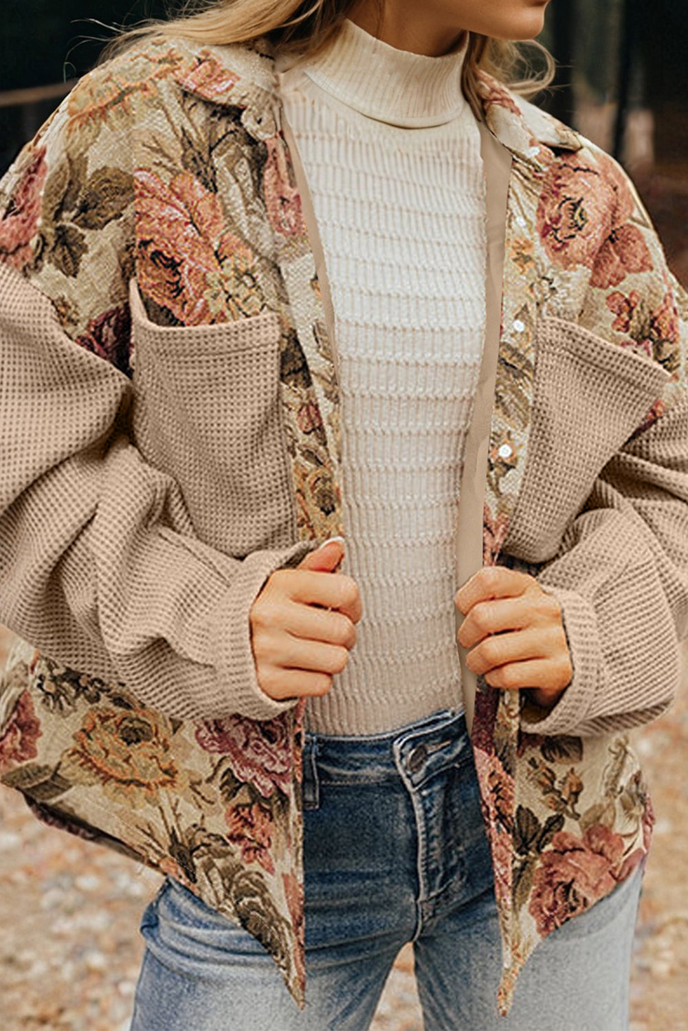 Floral Waffle Knit Patchwork Chest Pocket Buttoned Jacket