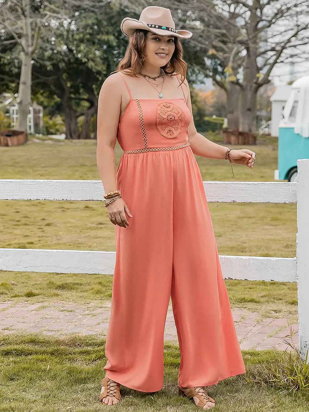 Lace Detail Spaghetti Strap Wide Leg Jumpsuit