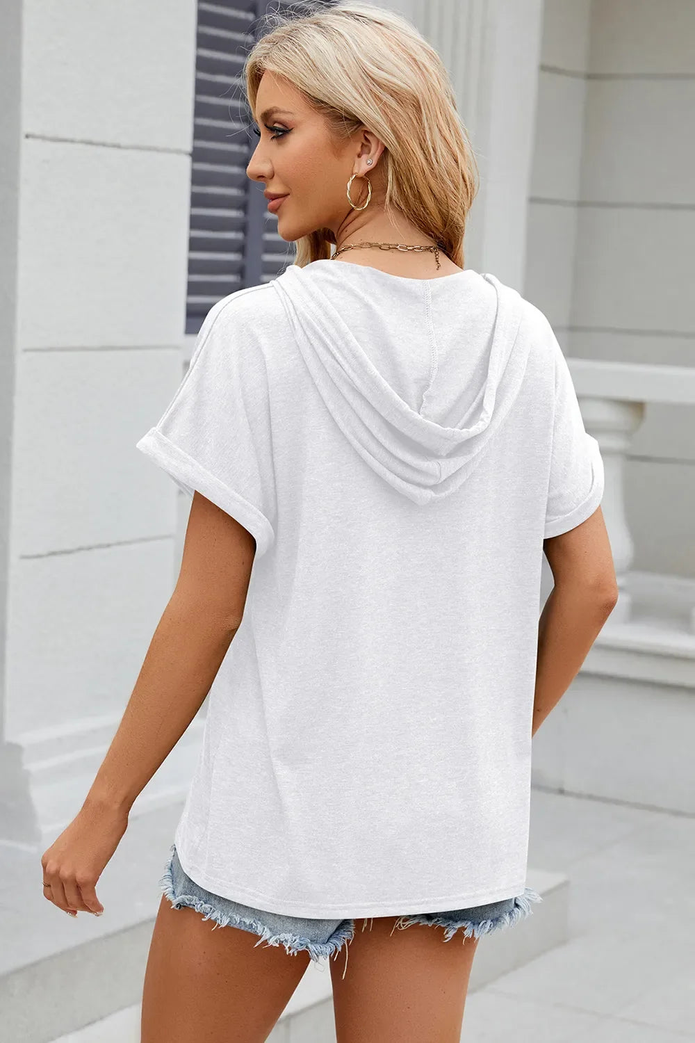 Half Button Drawstring Short Sleeve Hooded T-Shirt