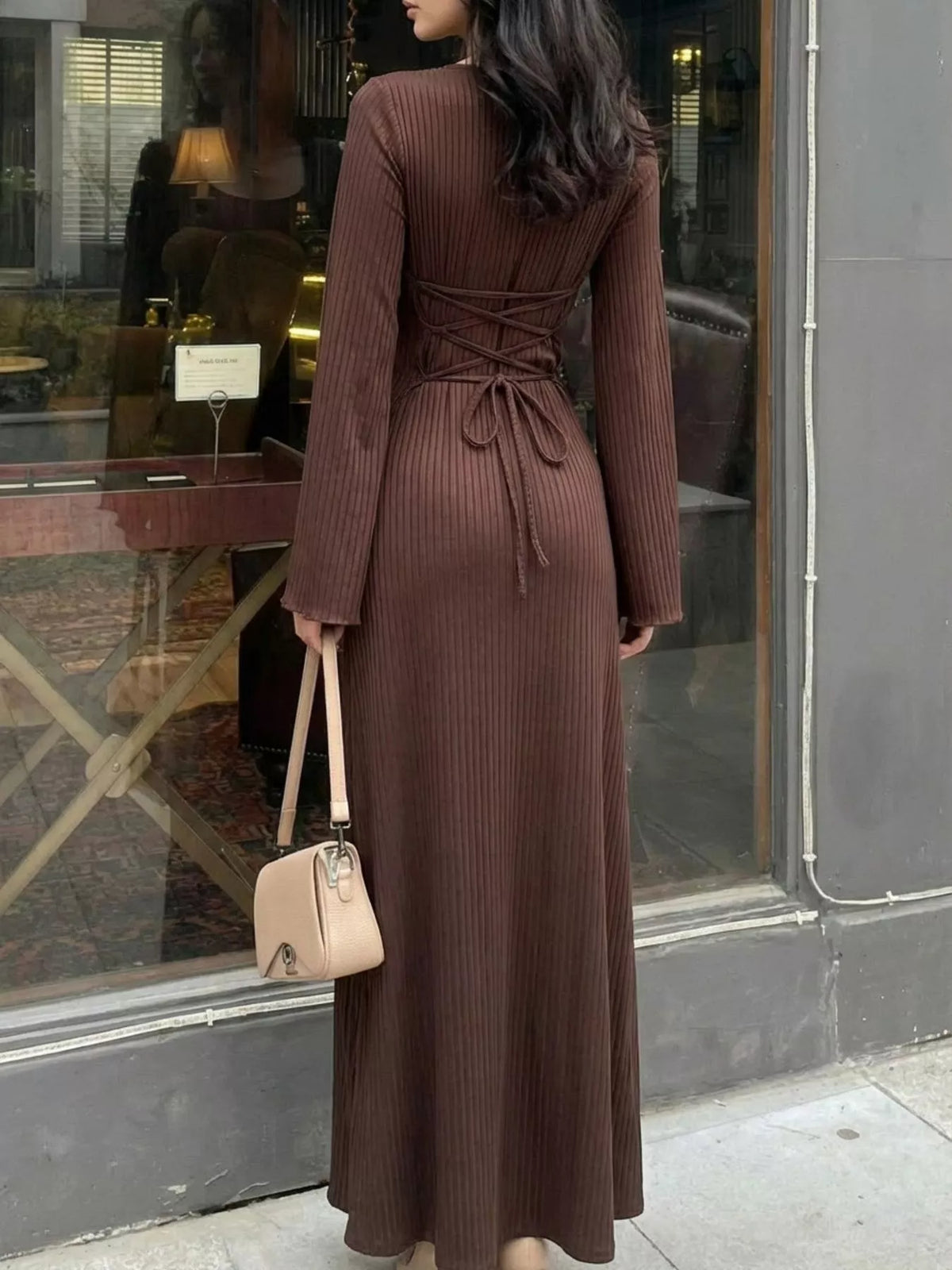 Elegant Ribbed Knit Long Sleeve Maxi Dress