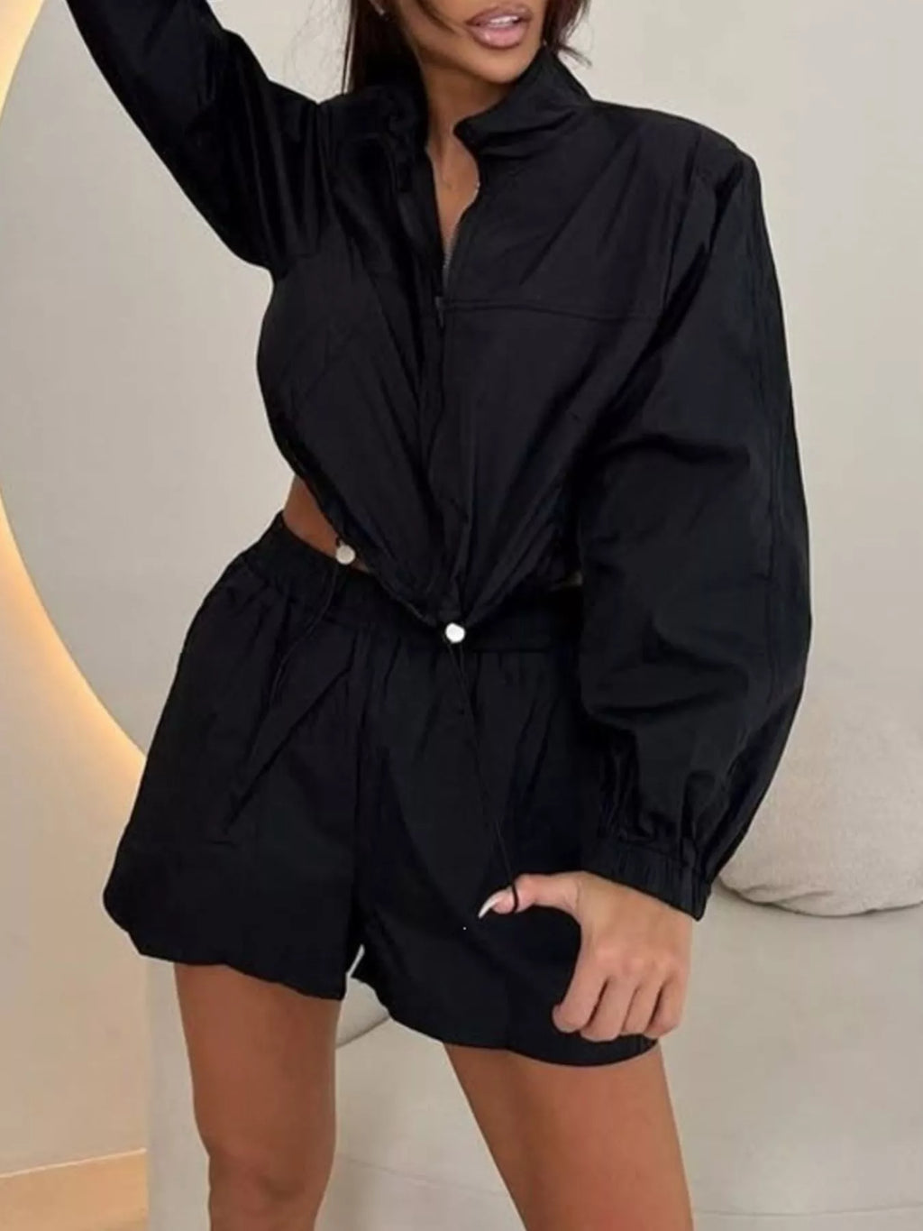 Zip-Up Crop Jacket and High-Waisted Shorts Set
