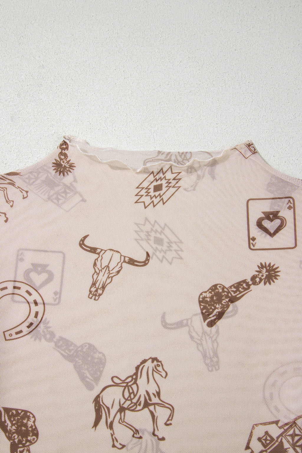 Oatmeal Western Print Slim Fit Mesh Long Sleeve Mock Neck Top