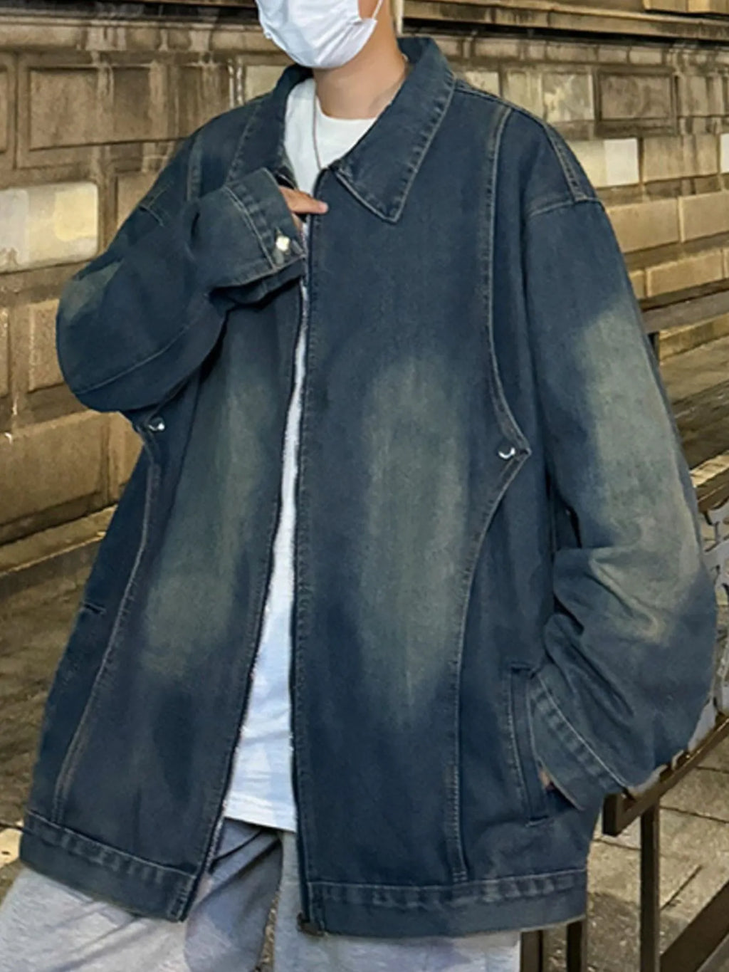 Men's Full Size Zip Up Long Sleeve Denim Jacket Plus Size