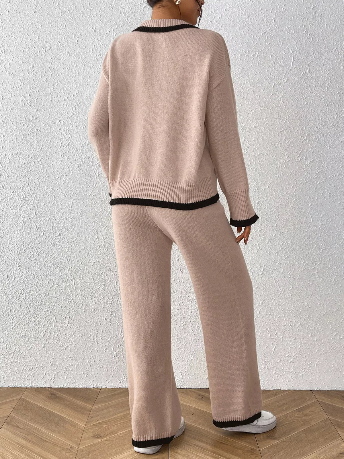 Contrast Trim Polo Collar Top and Pants Sweater Set
