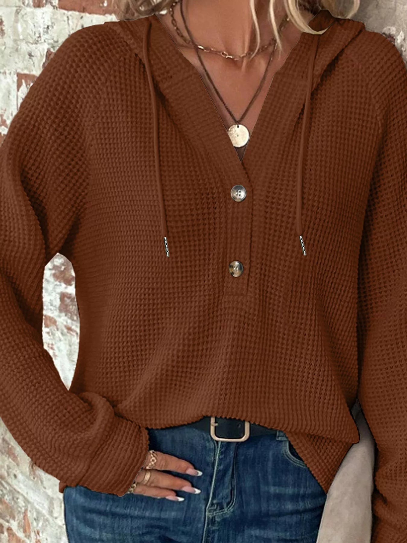 Waffle Knit Hooded Top with Drawstring