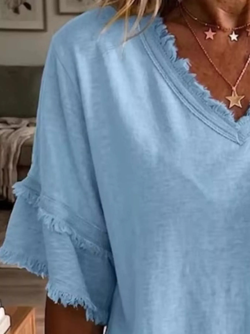 Full Size Frayed Edge V-Neck Blouse Plus Size
