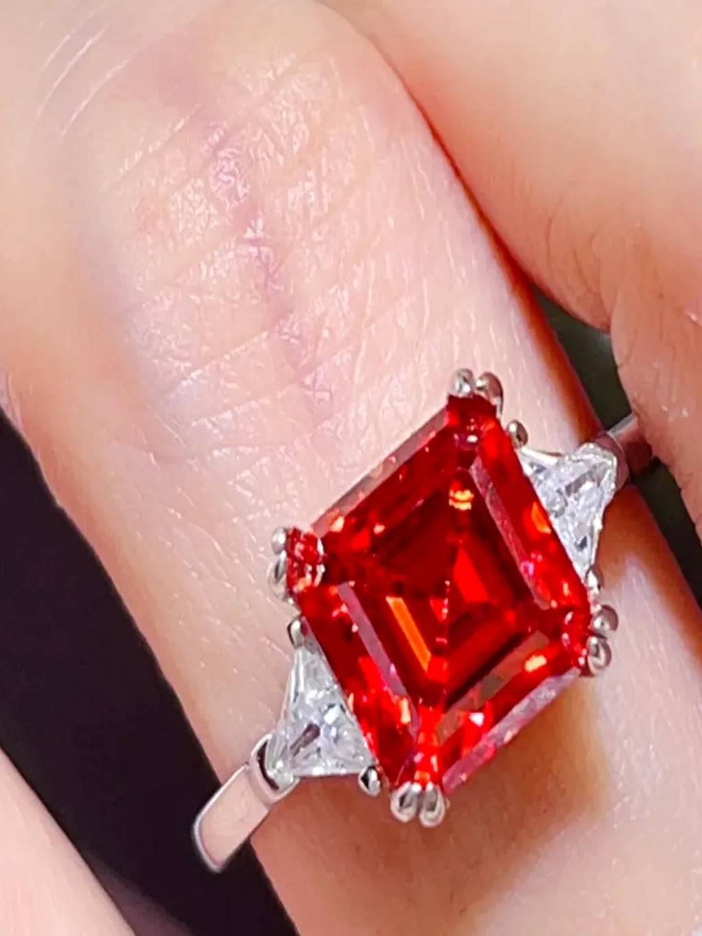 3 Carat Square Red Moissanite Ring with Triangular Accents