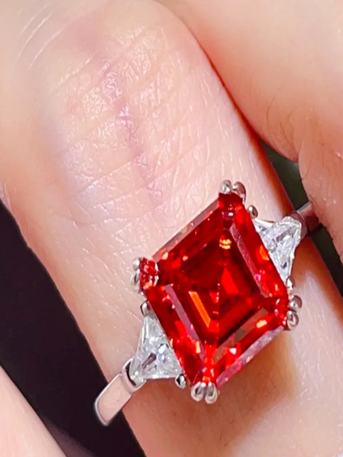 3 Carat Square Red Moissanite Ring with Triangular Accents