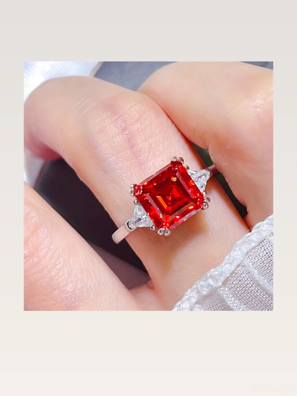 3 Carat Square Red Moissanite Ring with Triangular Accents
