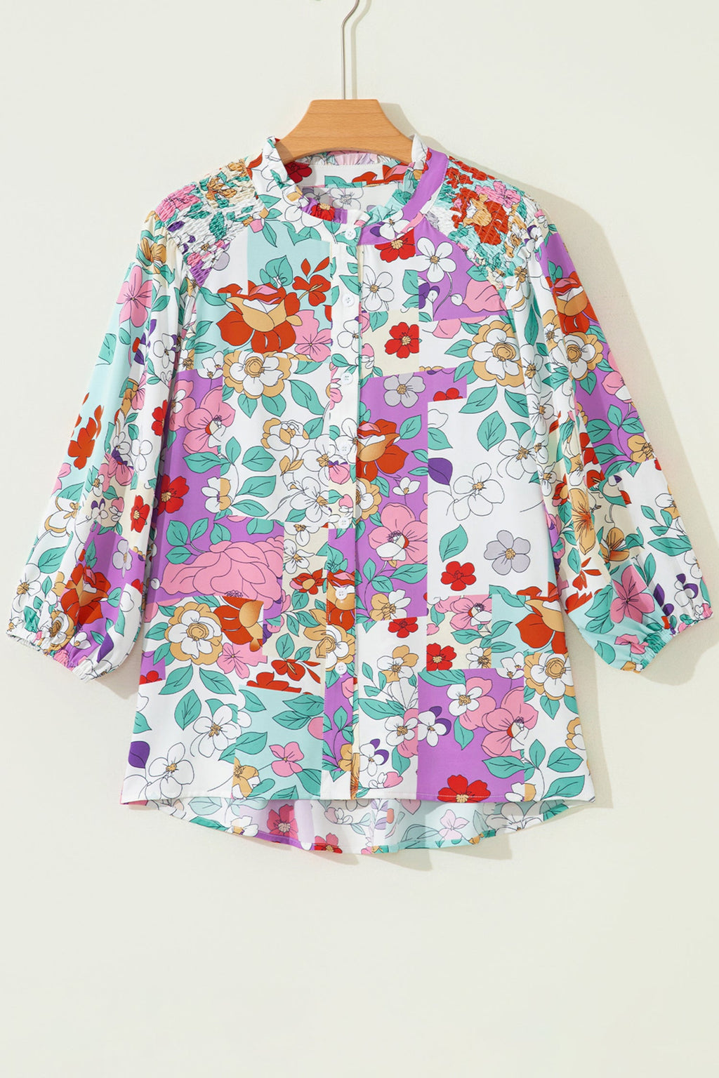 Floral Patchwork Frilled Neck Long Sleeve Shirt