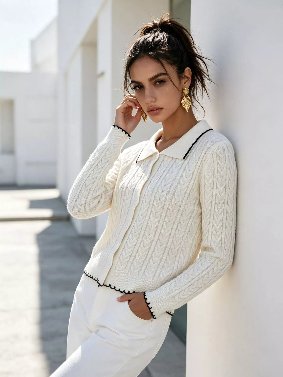 Cable Knit Polo Collar Button-Up Cardigan