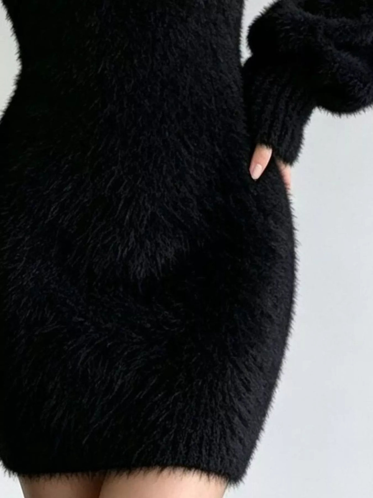 V-Neck Fuzzy Knit Sweater Dress