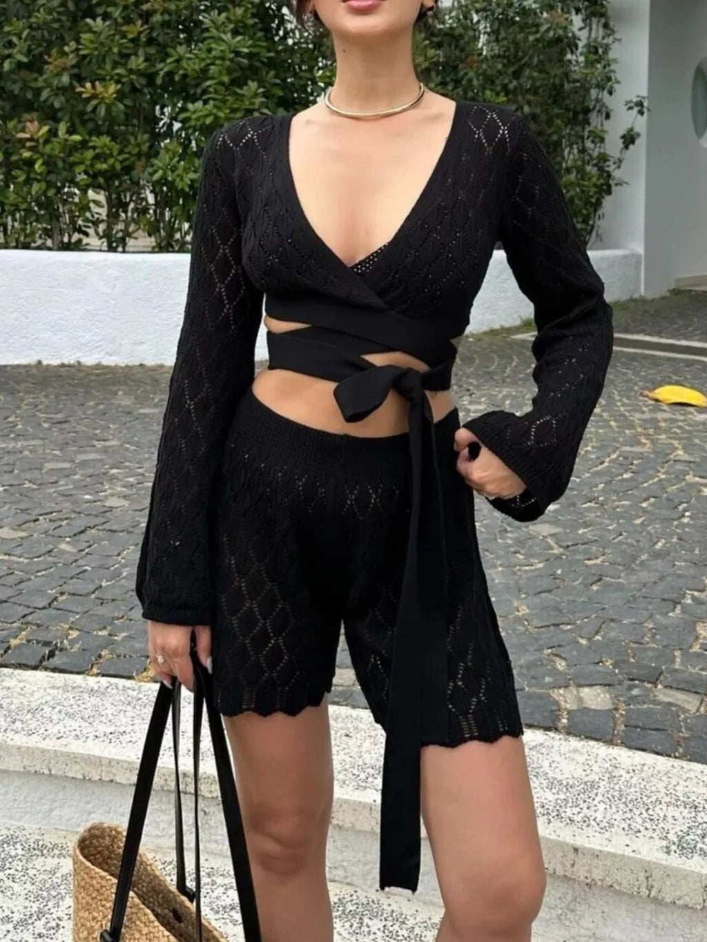 Openwork Long Sleeve Top and Shorts Set