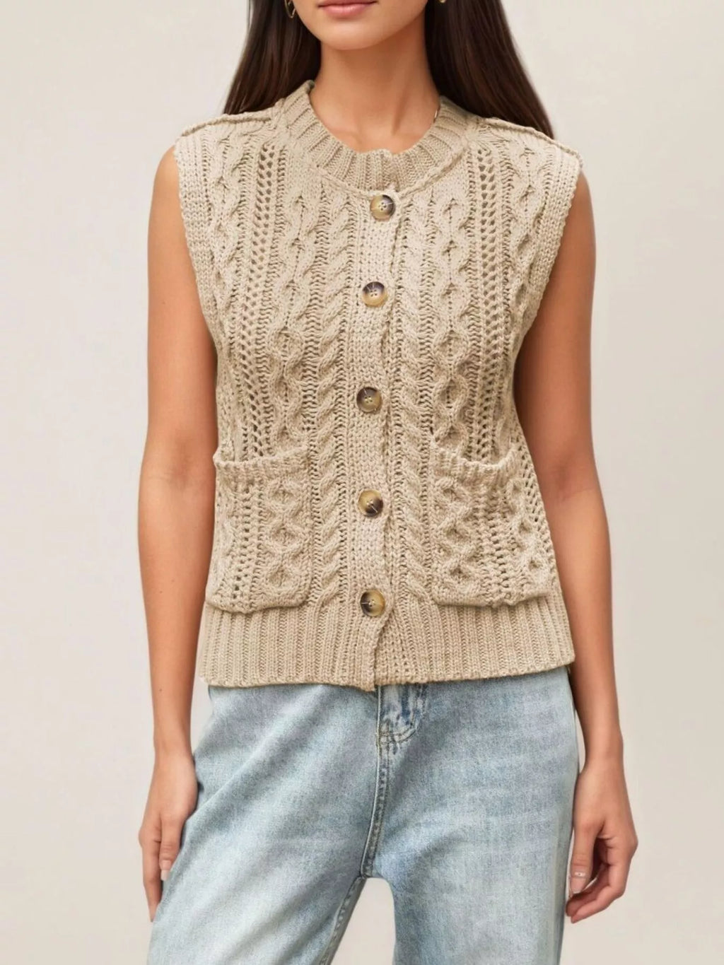Cable-Knit Button-Down Sweater Vest